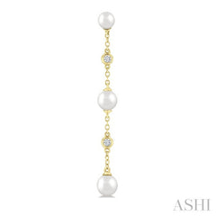 4 MM, 5 MM & 6 MM Round Shape Cultured Pearls and 1/10 Ctw Round Cut Diamond Station Long Earring in 14K Yellow Gold