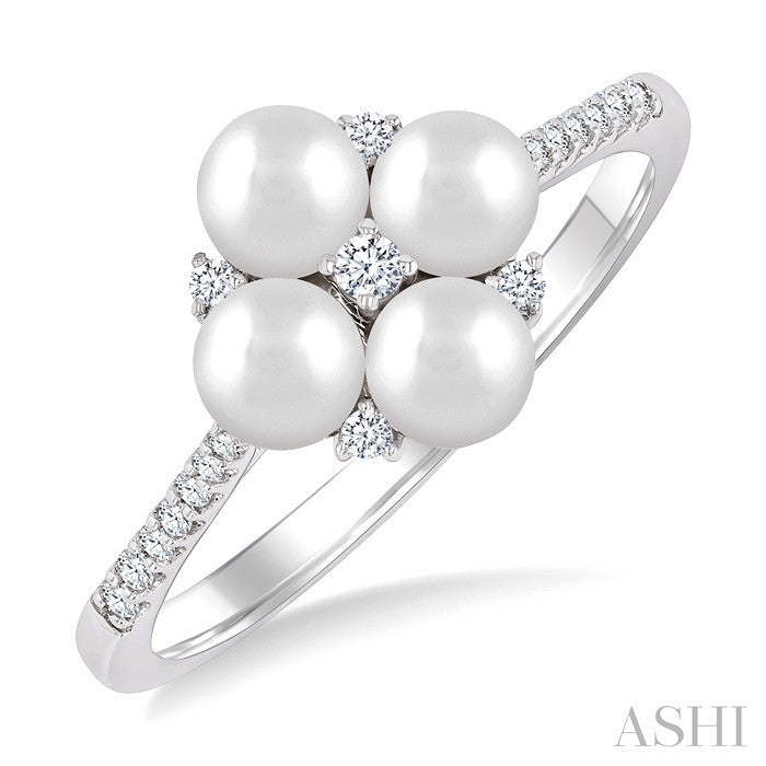 4 MM Floral Center Round Shape Cultured Pearl and 1/8 Ctw Round Cut Diamond Fashion Ring in 10K White Gold