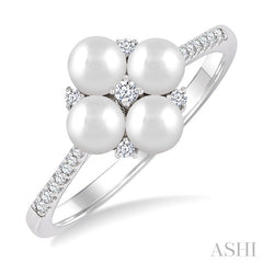 4 MM Floral Center Round Shape Cultured Pearl and 1/8 Ctw Round Cut Diamond Fashion Ring in 10K White Gold