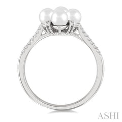 4 MM Floral Center Round Shape Cultured Pearl and 1/8 Ctw Round Cut Diamond Fashion Ring in 10K White Gold