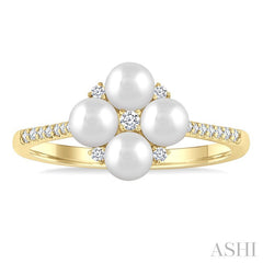 4 MM Floral Center Round Shape Cultured Pearl and 1/8 Ctw Round Cut Diamond Fashion Ring in 10K Yellow Gold