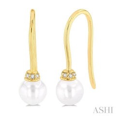 5.5 MM Round Shape Cultured Pearls and 1/20 Ctw Round Cut Diamond Petite Fashion Earring in 10K Yellow Gold