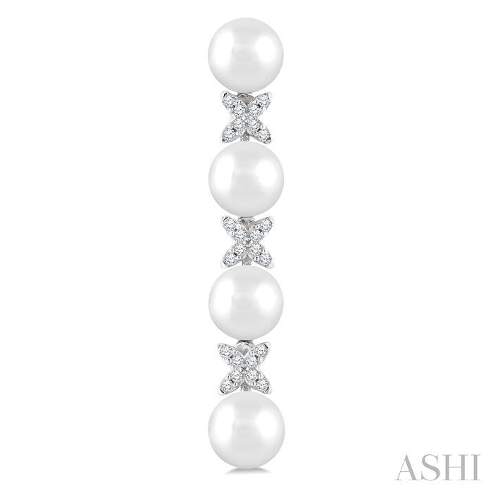 5 MM Cultured Pearl and 1/6 Ctw Round Cut Diamond Floral Fashion Earrings in 14K White Gold