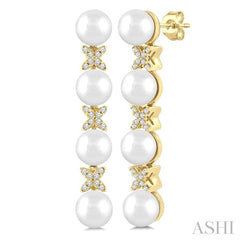 5 MM Cultured Pearl and 1/6 Ctw Round Cut Diamond Floral Fashion Earrings in 14K Yellow Gold