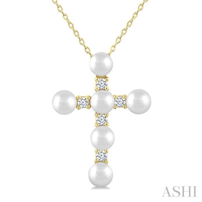 4 MM Cross Cultured Pearl and 1/6 Ctw Round Cut Diamond Fashion Pendant With Chain in 10K Yellow Gold