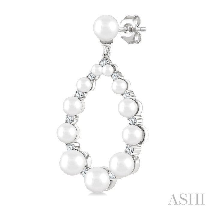 2 MM-4.5 MM Drop Tear Round Shape Cultured Pearls and 1/4 Ctw Round Cut Diamond Fashion Earring in 14K White Gold