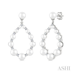 2 MM-4.5 MM Drop Tear Round Shape Cultured Pearls and 1/4 Ctw Round Cut Diamond Fashion Earring in 14K White Gold