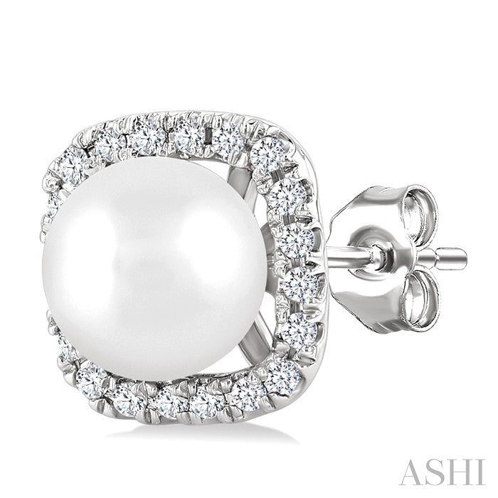 5 MM Cushion-Shaped Cultured Pearl and 1/8 Ctw Petite Round Cut Diamond Halo Stud Earring in 10K White Gold