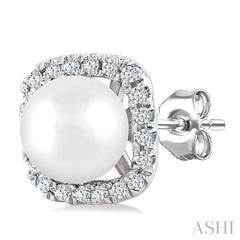 5 MM Cushion-Shaped Cultured Pearl and 1/8 Ctw Petite Round Cut Diamond Halo Stud Earring in 10K White Gold