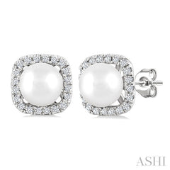 5 MM Cushion-Shaped Cultured Pearl and 1/8 Ctw Petite Round Cut Diamond Halo Stud Earring in 10K White Gold