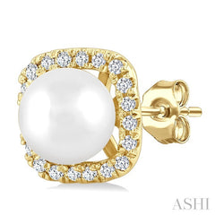 5 MM Cushion-Shaped Cultured Pearl and 1/8 Ctw Petite Round Cut Diamond Halo Stud Earring in 10K Yellow Gold