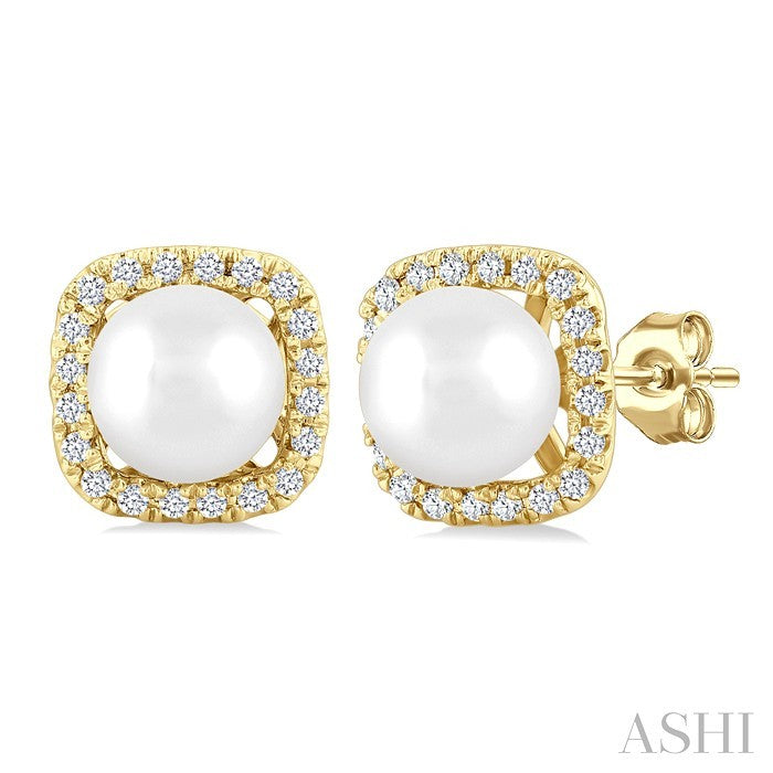 5 MM Cushion-Shaped Cultured Pearl and 1/8 Ctw Petite Round Cut Diamond Halo Stud Earring in 10K Yellow Gold