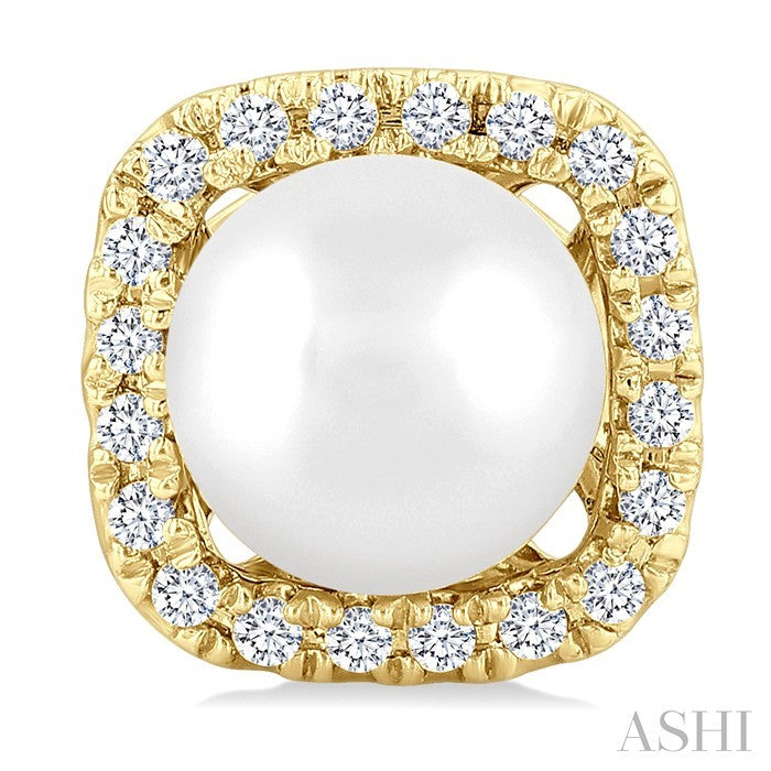 5 MM Cushion-Shaped Cultured Pearl and 1/8 Ctw Petite Round Cut Diamond Halo Stud Earring in 10K Yellow Gold