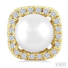 5 MM Cushion-Shaped Cultured Pearl and 1/8 Ctw Petite Round Cut Diamond Halo Stud Earring in 10K Yellow Gold
