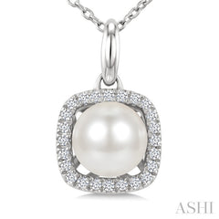 6 MM Cultured Pearl and 1/10 Ctw Round Cut Diamond Petite Cushion Shaped Fashion Pendant With Chain in 10K White Gold