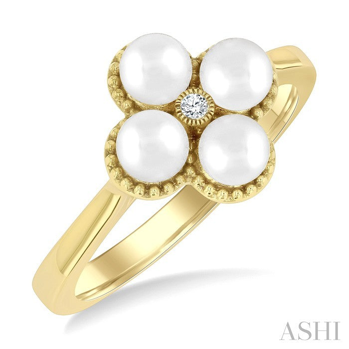 4 MM Clover Cultured Pearl and 1/50 Ctw Round Cut Diamond Fashion Ring in 10K Yellow Gold
