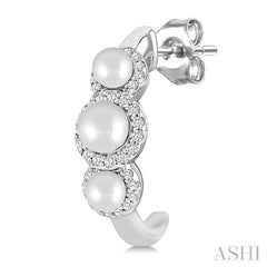 3MM & 4MM Cultured Pearl and 1/4 Ctw Round Cut Diamond Halo Half Hoop Earrings in 14K White Gold