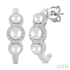3MM & 4MM Cultured Pearl and 1/4 Ctw Round Cut Diamond Halo Half Hoop Earrings in 14K White Gold