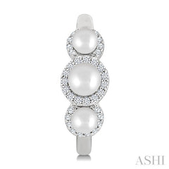 3MM & 4MM Cultured Pearl and 1/4 Ctw Round Cut Diamond Halo Half Hoop Earrings in 14K White Gold