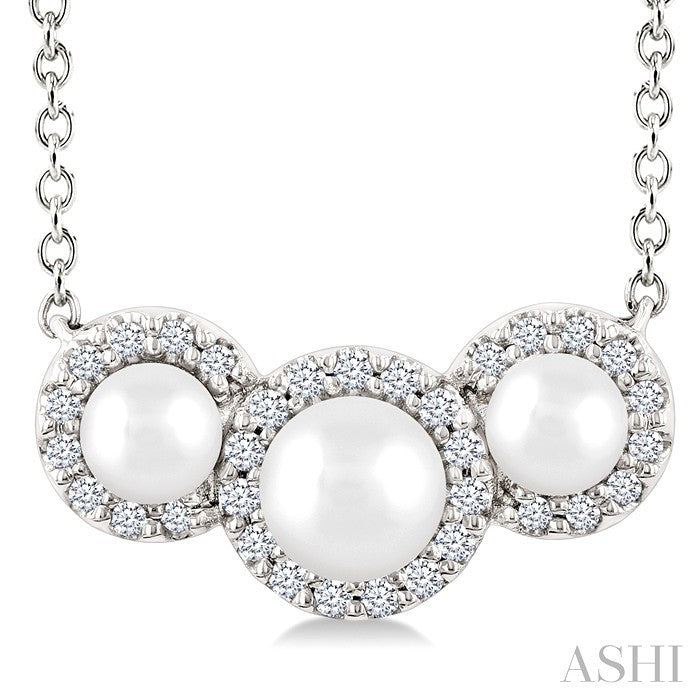 1/8 Ctw Past, Present & Future 4MM & 3MM Cultured Pearl and Round Cut Diamond Halo Pendant With Chain in 14K White Gold