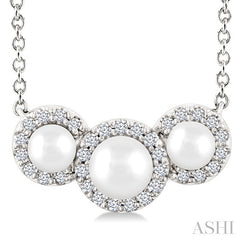 1/8 Ctw Past, Present & Future 4MM & 3MM Cultured Pearl and Round Cut Diamond Halo Pendant With Chain in 14K White Gold