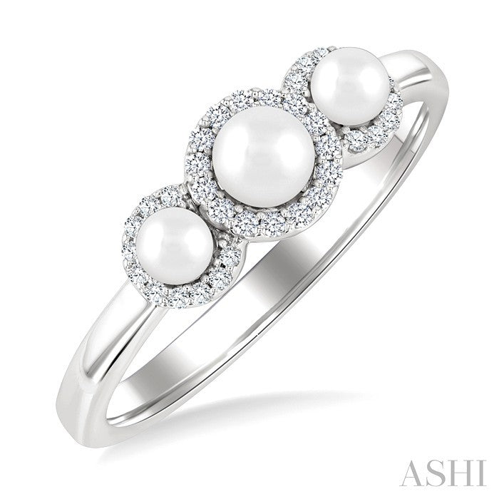 4 MM & 3 MM Cultured Pearl and 1/8 Ctw Past, Present & Future Round Cut Diamond Halo Ring in 10K White Gold