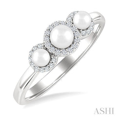4 MM & 3 MM Cultured Pearl and 1/8 Ctw Past, Present & Future Round Cut Diamond Halo Ring in 10K White Gold