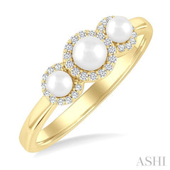 4 MM & 3 MM Cultured Pearl and 1/8 Ctw Past, Present & Future Round Cut Diamond Halo Ring in 10K Yellow Gold