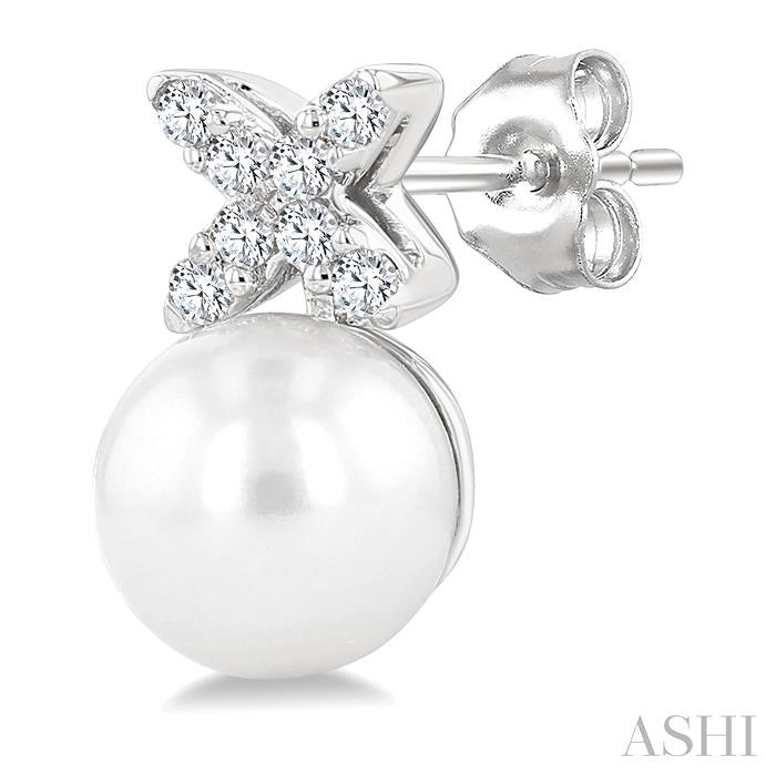 6 MM Cultured Pearl and 1/10 Ctw Round Cut Diamond Floral Fashion Earrings in 14K White Gold
