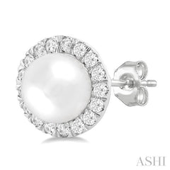 6 MM White Cultured Pearl and 1/4 Ctw Round Cut Diamond Halo Stud Earrings in 10K White Gold