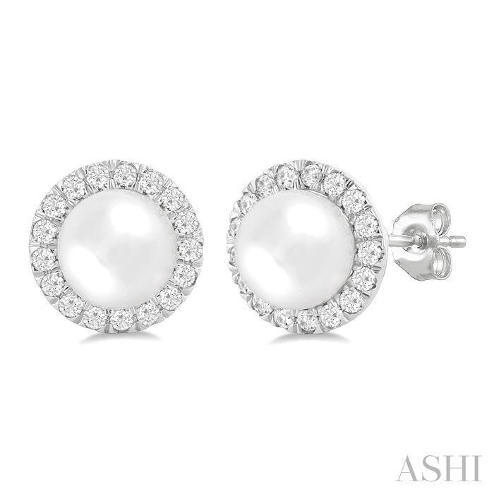 6 MM White Cultured Pearl and 1/4 Ctw Round Cut Diamond Halo Stud Earrings in 10K White Gold