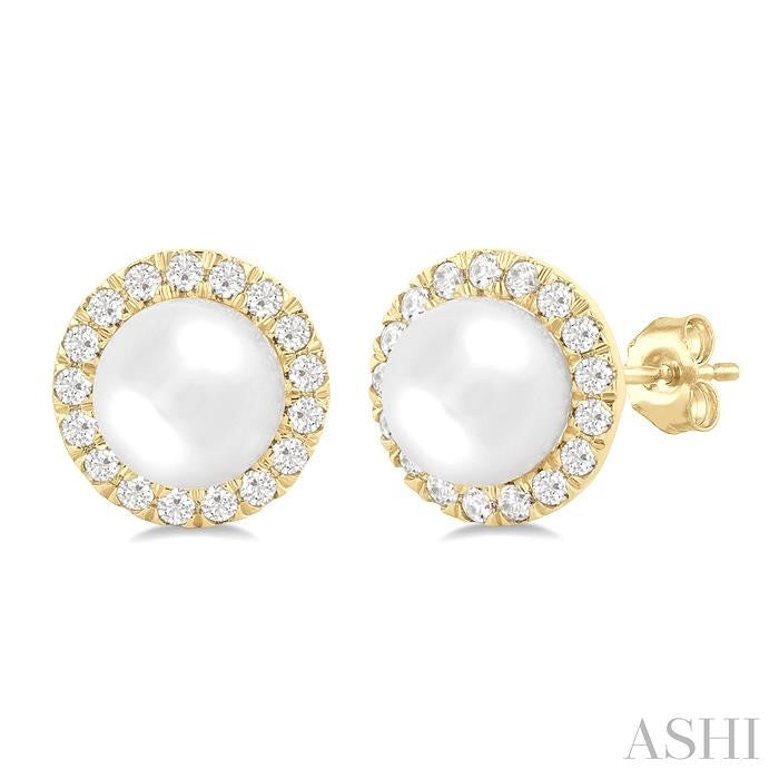 6 MM White Cultured Pearl and 1/4 Ctw Round Cut Diamond Halo Stud Earrings in 10K Yellow Gold