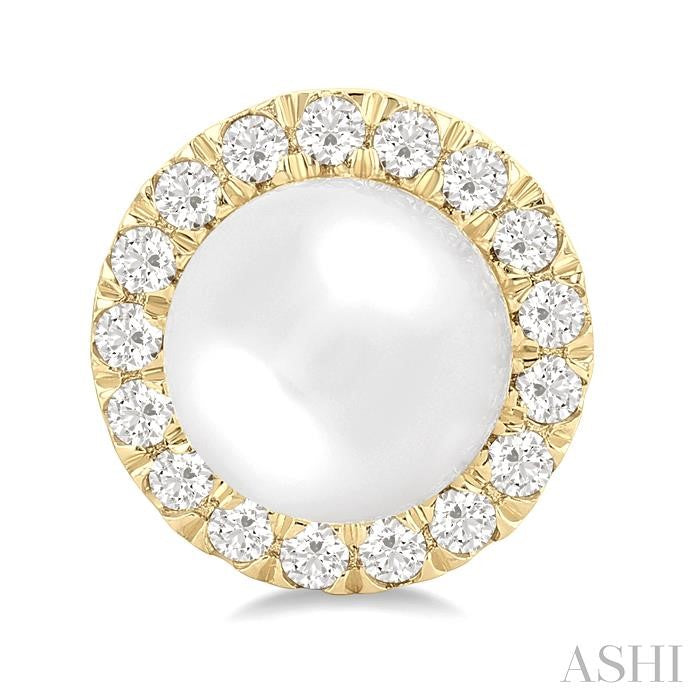 6 MM White Cultured Pearl and 1/4 Ctw Round Cut Diamond Halo Stud Earrings in 10K Yellow Gold