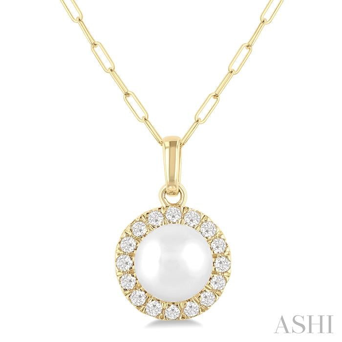 6 MM Cultured White Pearl and 1/6 Ctw Round Cut Diamond Halo Pendant With Chain in 14K Yellow Gold