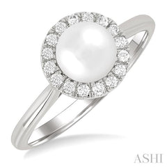 6 MM White Cultured Pearl and 1/6 Ctw Round Cut Diamond Halo Ring in 14K White Gold