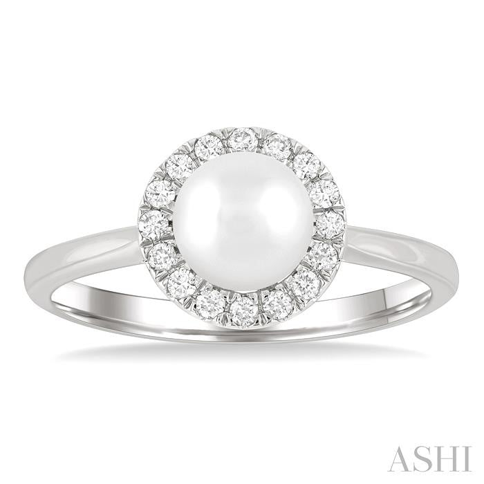 6 MM White Cultured Pearl and 1/6 Ctw Round Cut Diamond Halo Ring in 14K White Gold