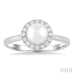 6 MM White Cultured Pearl and 1/6 Ctw Round Cut Diamond Halo Ring in 14K White Gold