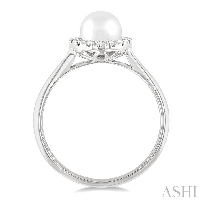 6 MM White Cultured Pearl and 1/6 Ctw Round Cut Diamond Halo Ring in 14K White Gold
