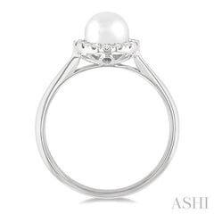 6 MM White Cultured Pearl and 1/6 Ctw Round Cut Diamond Halo Ring in 14K White Gold