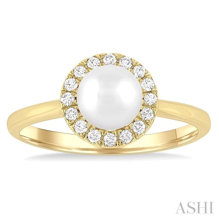 6 MM White Cultured Pearl and 1/6 Ctw Round Cut Diamond Halo Ring in 14K Yellow Gold