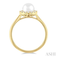 6 MM White Cultured Pearl and 1/6 Ctw Round Cut Diamond Halo Ring in 14K Yellow Gold