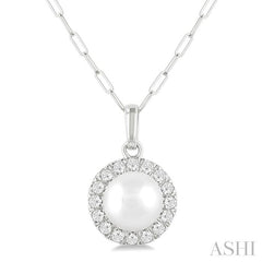 6 MM Cultured White Pearl and 1/6 Ctw Round Cut Diamond Halo Pendant With Chain in 10K White Gold