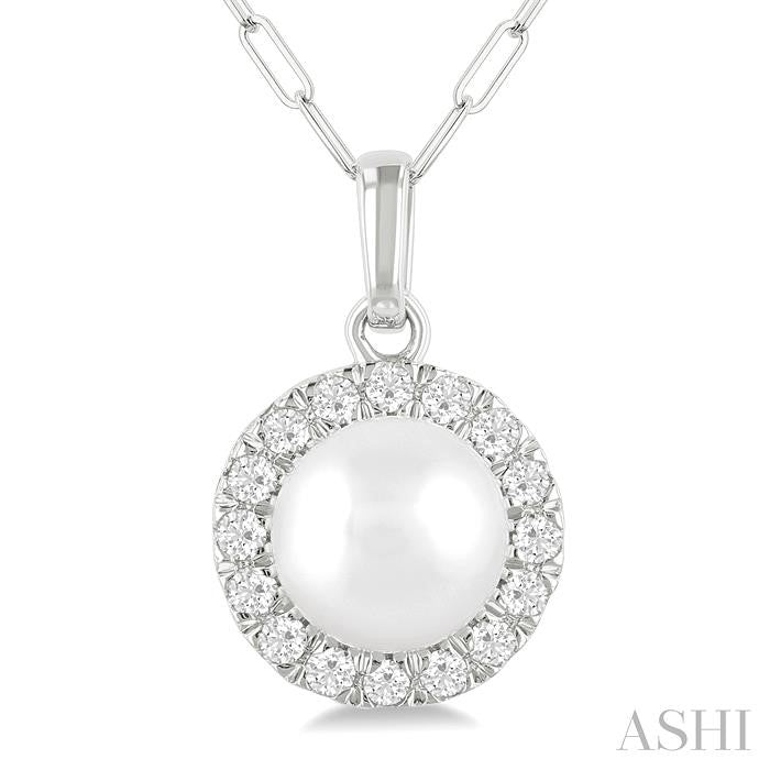 6 MM Cultured White Pearl and 1/6 Ctw Round Cut Diamond Halo Pendant With Chain in 10K White Gold