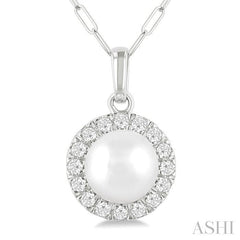6 MM Cultured White Pearl and 1/6 Ctw Round Cut Diamond Halo Pendant With Chain in 10K White Gold
