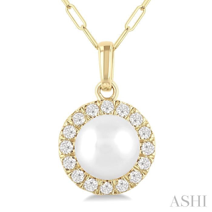 6 MM Cultured White Pearl and 1/6 Ctw Round Cut Diamond Halo Pendant With Chain in 10K Yellow Gold