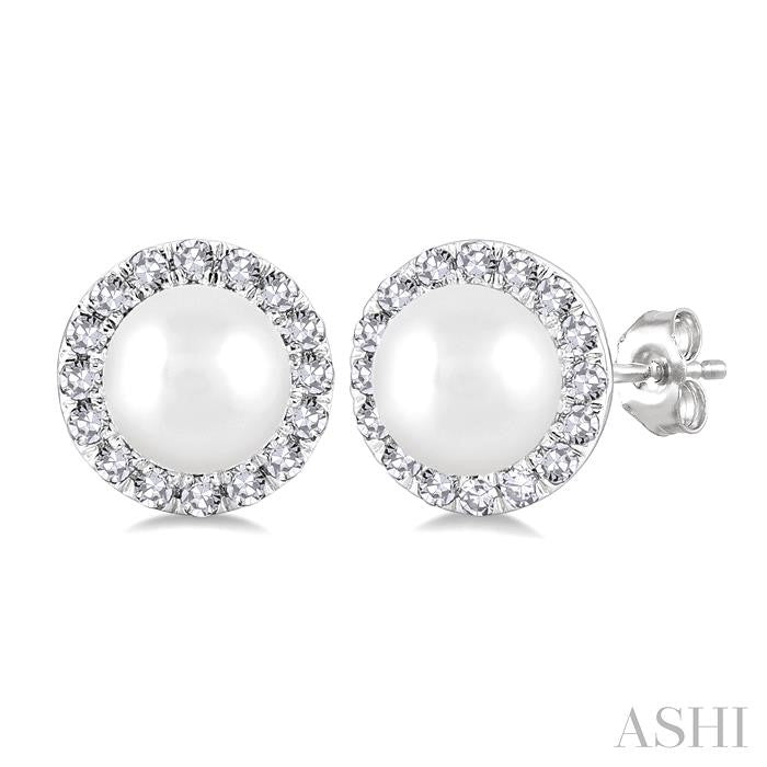 4.5 MM White Cultured Pearl and 1/8 Ctw Round Cut Diamond Halo Stud Earrings in 10K White Gold