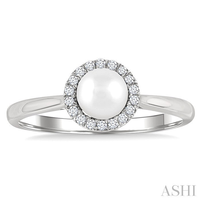 5 MM White Cultured Pearl and 1/20 Ctw Round Cut Diamond Halo Ring in 14K White Gold