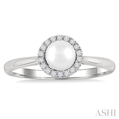 5 MM White Cultured Pearl and 1/20 Ctw Round Cut Diamond Halo Ring in 14K White Gold