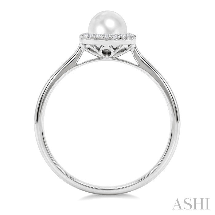 5 MM White Cultured Pearl and 1/20 Ctw Round Cut Diamond Halo Ring in 14K White Gold