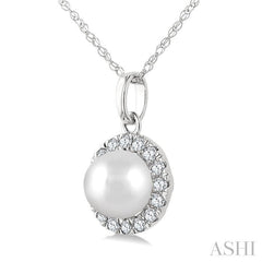 5 MM Cultured White Pearl and 1/20 Ctw Round Cut Diamond Halo Pendant With Chain in 10K White Gold
